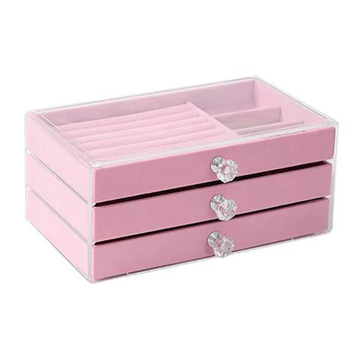 crylic velvet jewelry organizer with three drawers stackable display box
