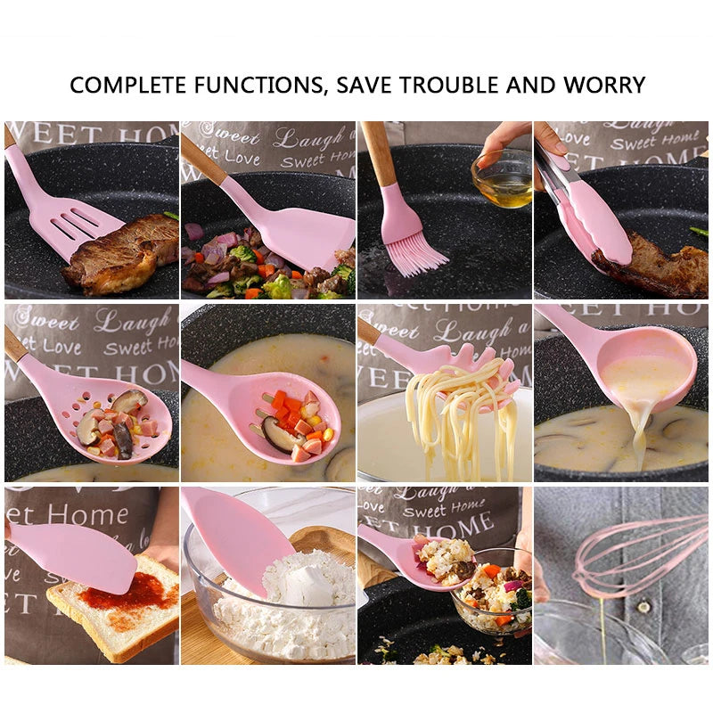 12 Pcs Silicone Non-Stick Cooking Tool Set With Wooden Handle Kitchenware