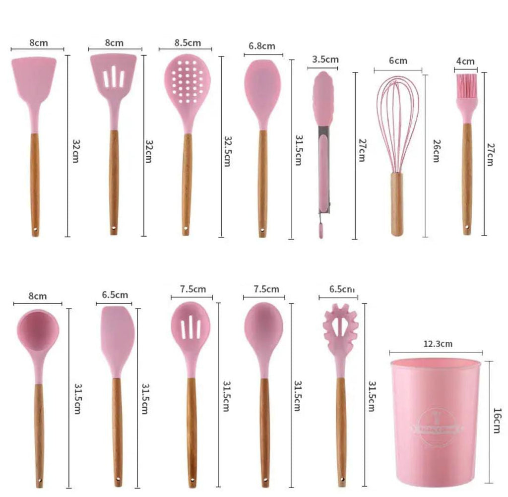 12 Pcs Silicone Non-Stick Cooking Tool Set With Wooden Handle Kitchenware