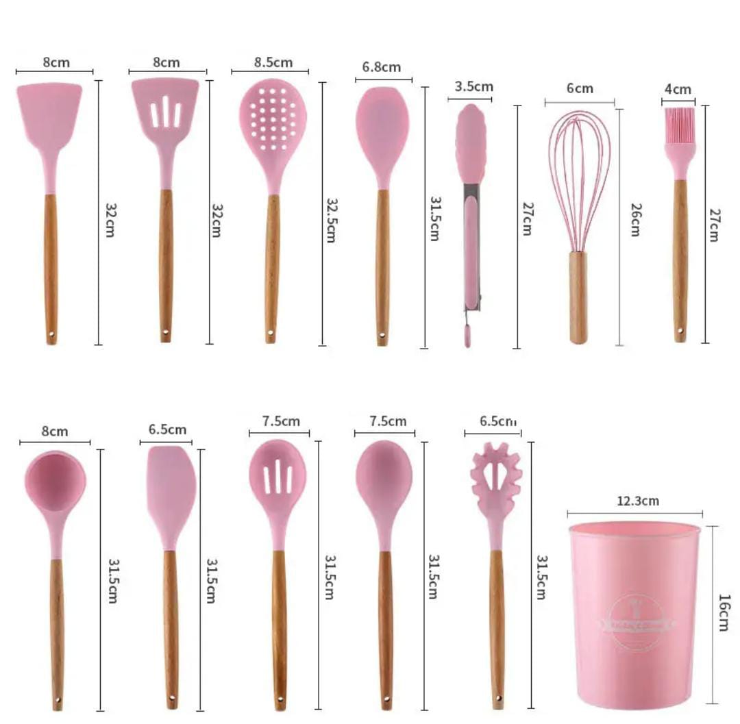 12 Pcs Silicone Non-Stick Cooking Tool Set With Wooden Handle Kitchenware