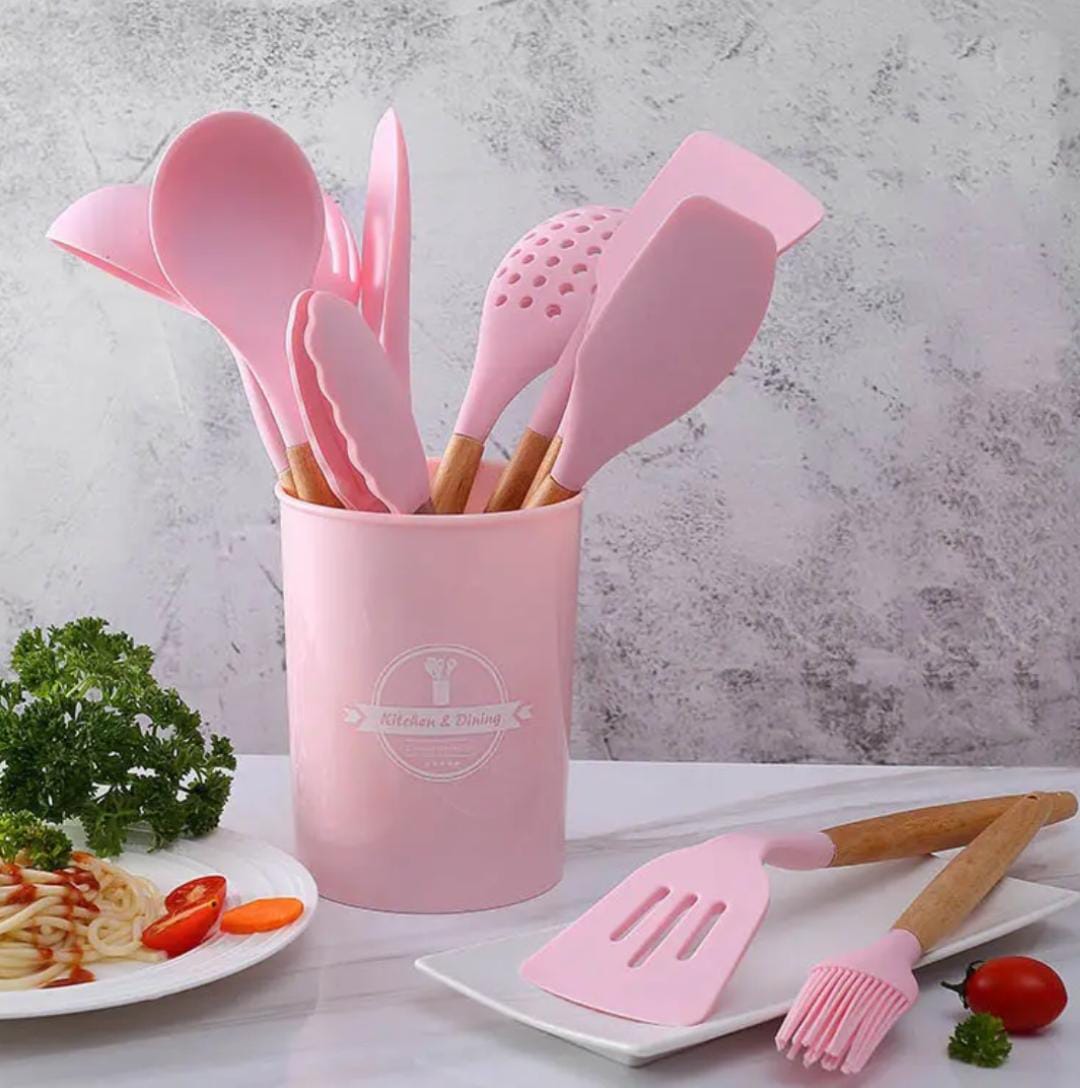 12 Pcs Silicone Non-Stick Cooking Tool Set With Wooden Handle Kitchenware