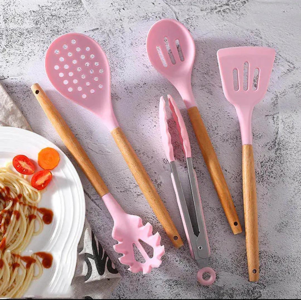 12 Pcs Silicone Non-Stick Cooking Tool Set With Wooden Handle Kitchenware